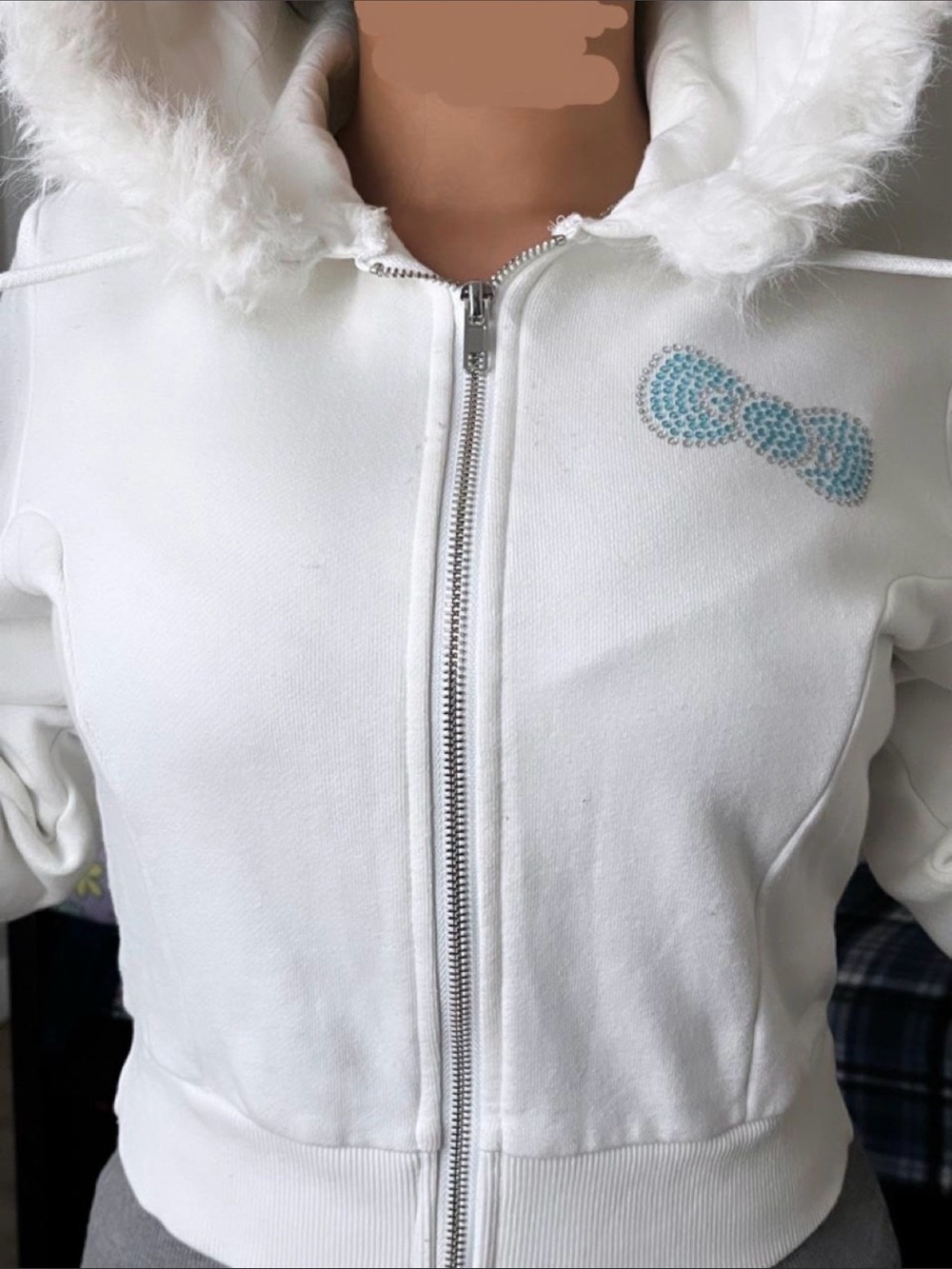 Hello Kitty X Forever 21 White Hooded Zip Jacket with Light Blue Bow Accent